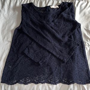 S Loft Navy Blue Lace blouse with button down back